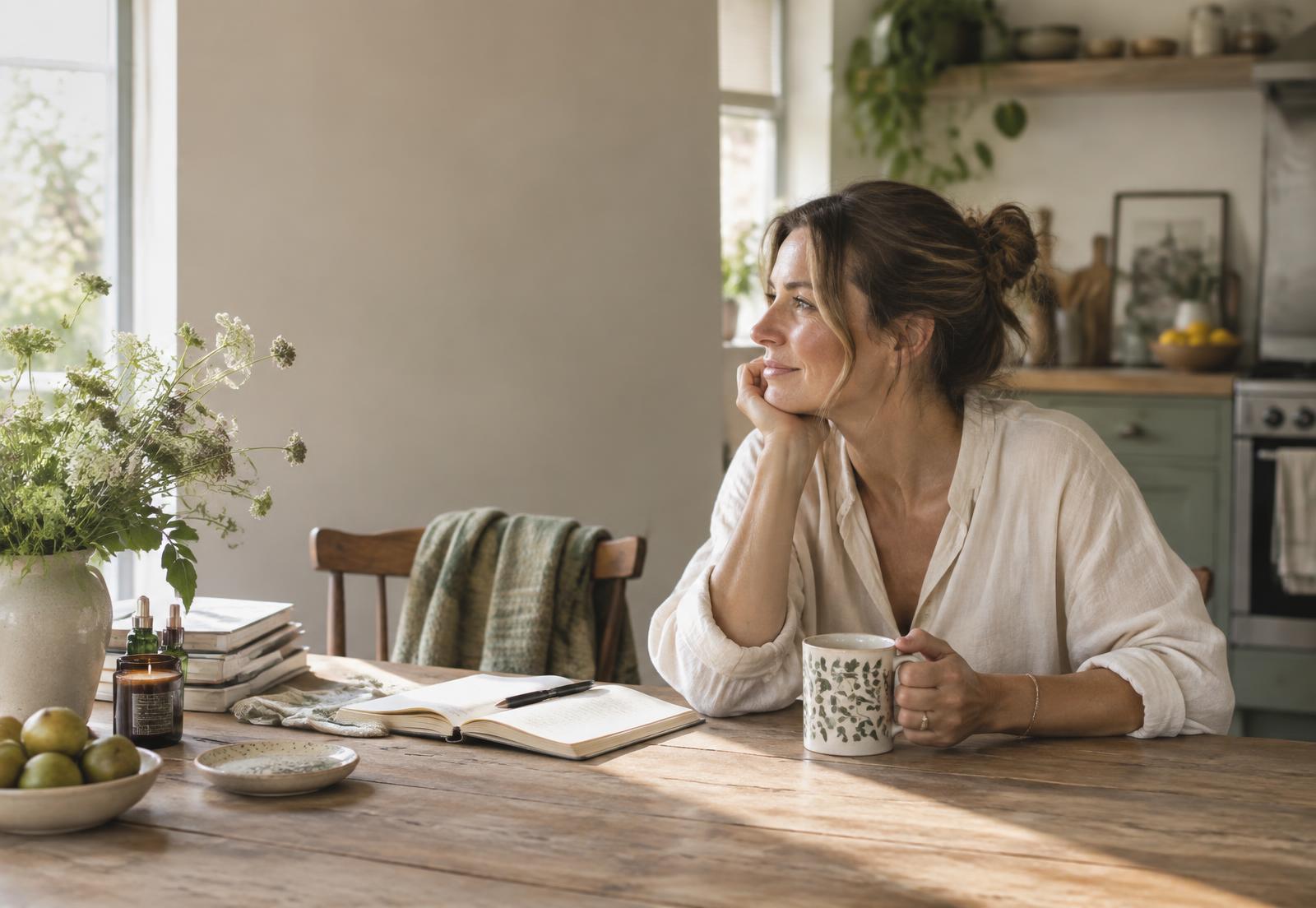 Amy sitting at her kitchen table with tea and an open notebook