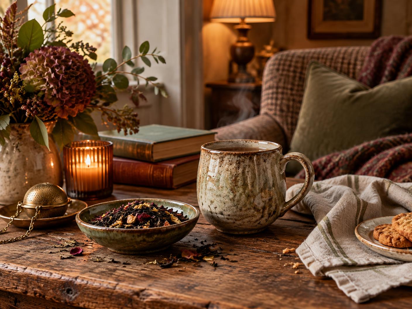 A handmade tea mug and botanical tea in a cosy living room