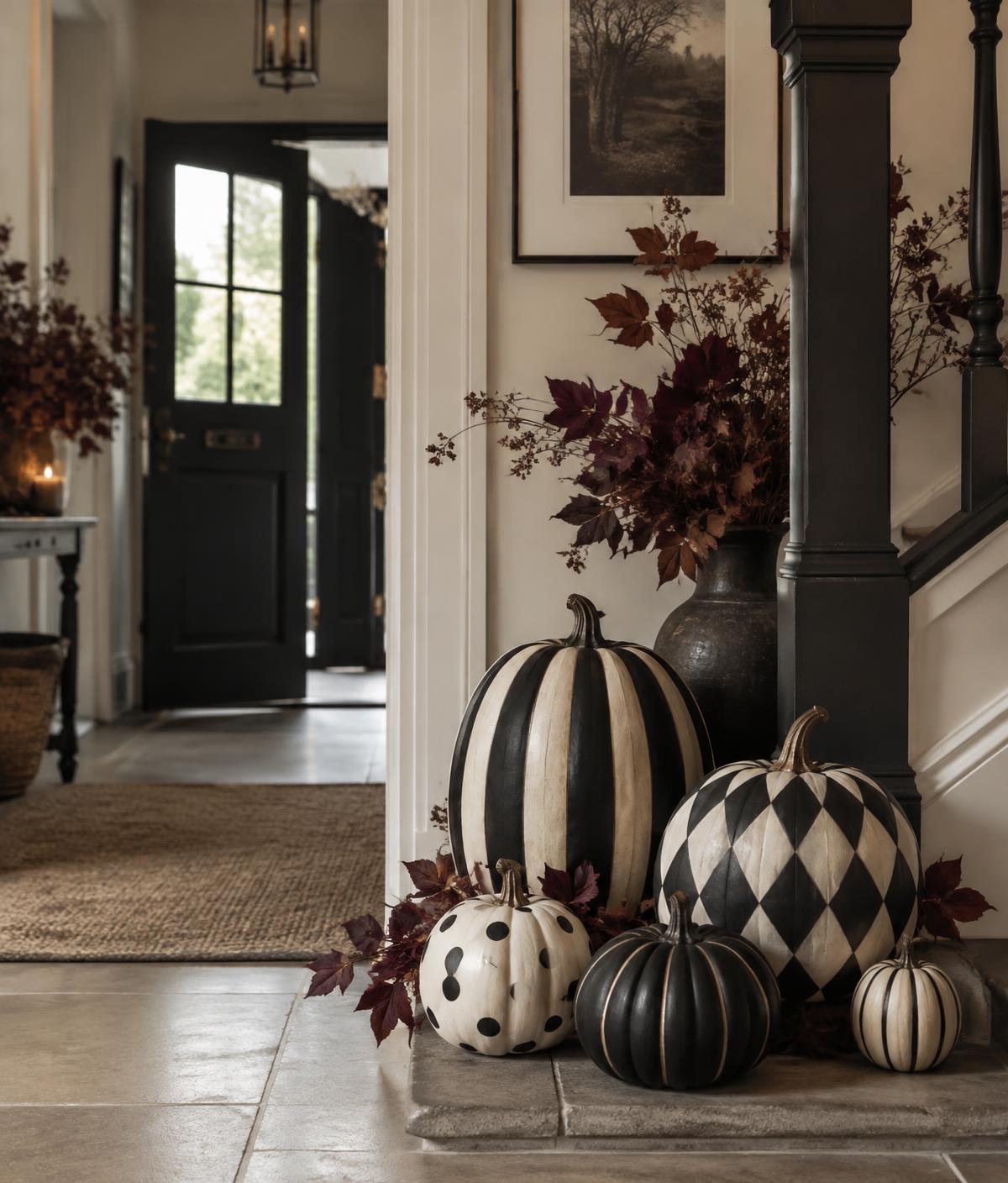 Black and white pumpkins in a warm autumn hallway